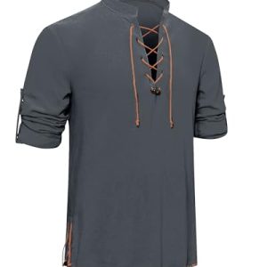 YAOHUOLE Mittelalter Leinenhemd Herren Wikinger Kleidung Herren Gothic Hemden Herren Dunkelgrau XL