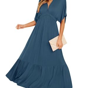 DEEP SELF Damen Sommer V-Ausschnitt Fledermaus Kurzarm Maxikleid Casual Lose Hohe Taille Flowy Lange Strandkleid, Dunkelblau, Groß