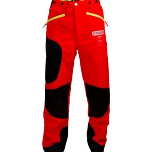 Oregon Waipoua Kettensägen-Schnittschutzhose, Typ A Klasse 1, sägesicherer Schutz, verstellbare, leichte, atmungsaktive, verstärkte Kleidung, Größe XL/EU 54-56– Hi Vis Rot/Gelb/Schwarz (295469/XL)