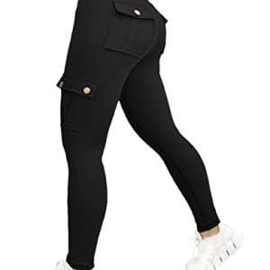 Nuofengkudu Damen Sport Cargo Leggings mit Taschen High Waist Stretch Cargohose Eng Hosen Push up Sportleggins Stretch Jeggings Gym Fitness Outdoor Workout Sporthose Y-Schwarz XL