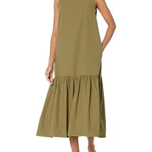 The Drop Damen Maxikleid Ilana, Ärmellos, Lockerer Schnitt, Weiter Saum, Popeline, Capers Olive, S