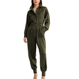 LilySilk Damen Overall aus Sandgewaschener 22 Momme Seide Damen Safari Militär Langarm Tasche Playsuit Mädchen Warme Herbst Kleid für Arbeit Reisen Wandern(Sumpf,M)