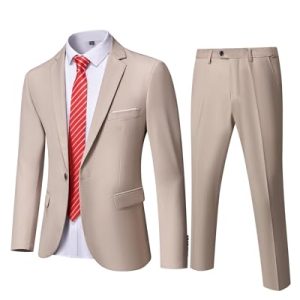 YND Herren Slim Fit 2-teiliger Anzug, EIN-Knopf-Jacke Hose Set mit Krawatte, Beige, M