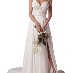 TANPAUL A-Linie V-Ausschnitt Hochzeitskleid Spaghettiträger Spitze Chiffon Brautkleider E-Elfenbein 50