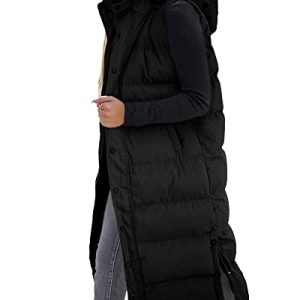 Tankaneo Damen Weste Gesteppte lange Steppweste mit Kapuze Langarm Button Down Puff Weste Baumwolle wattierte Jacke Wintermantel