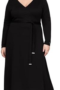 Tommy Hilfiger Damen Kleid Smooth Lines Wrap Midi Dress Langarm, Schwarz (Black), 48