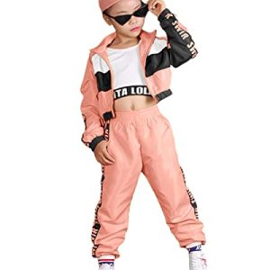 LOLANTA 3-teiliges Hip-Hop-Kleidungsset für Mädchen, Street-Dance-Outfit für Kinder, kurzes Trägershirt, Fluoreszierende Rosa Jacke und Joggerhose, Rosa, Etikettengröße: 110