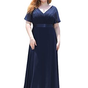 Ever-Pretty Plus Damen Abendkleid Chiffon A-Linie Lange Große Größe Abschlusskleid V Ausschnitt Kurze Ärmel Hohe Taille Navy blau 54