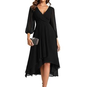 Ever-Pretty Abendkleid Damen A Line High Low V-Ausschnitt Langarm für Abschlussball EG01926-P, Schwarz , 36