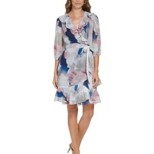 DKNY Women's Faux Wrap Long Sleeve Ruffle Neck and Hemline Oversized Floral Print Dress, Navy Multi, 38
