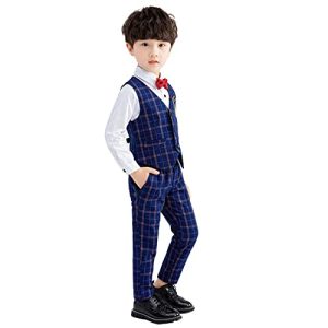 LOLANTA 4-teiliges Festliche Jungen Westen Set, Jungen Hochzeit Anzug,Weste, Hemd, Hose mit Fliege(8-9 Jahre,Blau,Tag 140)
