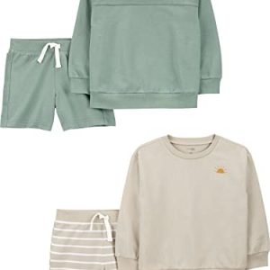 Simple Joys by Carter's Jungen 4-Piece French Terry Long-Sleeve Shirts and Shorts Playwear Set Spielbekleidungssets, Beige Streifen/Flaschengrün, 2 Jahre (4er Pack)