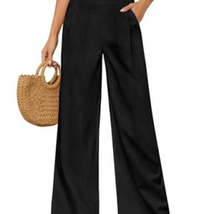 Niwicee Damen Sommer High Waist Weite Hose Leichte Sommerhose Palazzo Hose Elegant Streetwear für Frauen Mädchen-Schwarz-S
