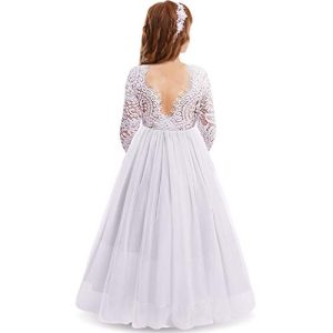Blumenmädchenkleider Prinzessin Kleid Mädchen Kinder Langarm Spitze Rückenfreies A-Linie Tüllkleid Festliche Hochzeit Erstkommunion Geburtstag Partykleid Abendkleid Lang Ballkleid Weiß 3-4 Jahre