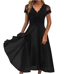Damen Kleider Spitzenkleid Chiffon Cocktailkleid Abendkleider für Hochzeit Elegant Brautjungfernkleider Kurzarm V-Ausschnitt Partykleid Lange Kleid Festliches Ballkleid Swing Midikleid Große Größen