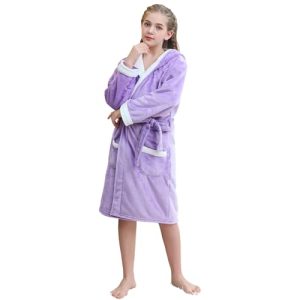 V.&GRIN Mädchen-Fleece-Bademantel, weicher Fuzzy-Bademantel mit Kapuze für Kleinkinder für Kinder von 3–14 Jahren (Lavendel-Weiß 11–12)