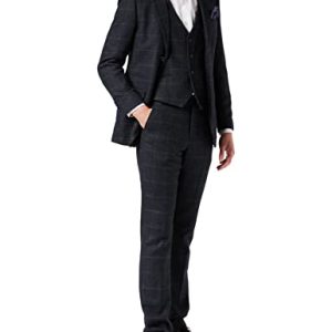 Xposed Herren 3 Stück Anzug Herringbone Tweed Blau Überprüft Retro Maßgeschneidert [SUIT-X6680-3-NAVY-50EU]