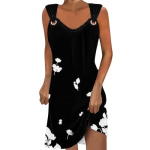 Sommerkleid Damen Knielang Elegantes Strapskleid Bedrucktes Kleid Lange Sommerkleider Schultergurt Mit Schnalle Strandkleid Damen Luftig Freizeit Strandkleider Teenager Mädchen Festlich Kleider