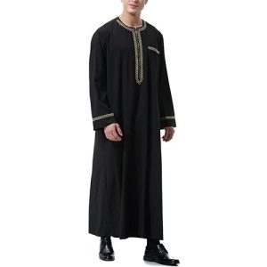 BeerMmay Herren Muslim Druck Kaftan Islamisch Royalty Dubai Robe O-Ausschnitt Lange Ärmel Retro Tuniken Abaya Lose Kandoura,Schwarz,L
