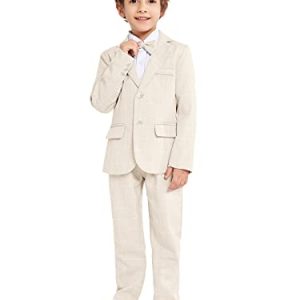 LOLANTA 3-teiliges Jungen Plaid Anzug Set, Eleganter Blazer für Hochzeits-Abschlussball, Formelle Kleidung Jacken-Hose-Fliege Set(Beige,10-11 Jahre,Etikettengröße 150)