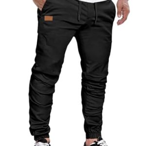 JMIERR Herren Hose Chino Cargo Hose Jogginghose Herren Baumwolle Sporthose Casual Freizeithose Elastische Taille mit Kordelzug Sweatpants Herren mit Taschen, Schwarz L