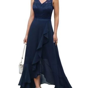 Meetjen Damen Elegant Abendkleider Hochzeit Chiffon Spitzenkleid V-Ausschnitt Ballkleider Lang A-Linie Brautjunferkleid Marineblau XL