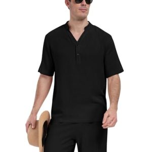MoFiz Zweiteiler Herren Leinenanzug Beach Shirt Kurze Hose Set 2-teilig Kurzarm Button-Up Revers Hemd und Shorts Baumwolle Leinen Anzug Sommer Freizeitanzug Einfarbig Schwarz M