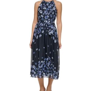DKNY Women's Floral Print Halter Neck Sleeveless Tie Waist Fit&Flare Chiffon Midi Dress, Navy Multi, 36