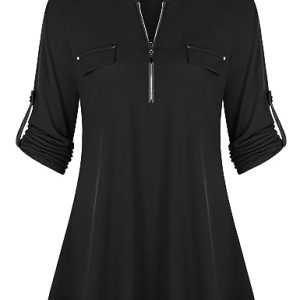 Lalala Büro Kleidung Damen Business Bluse V-Ausschnitt Knopfleiste Shirt Locker Tops Frühling (A_schwarz,XL)