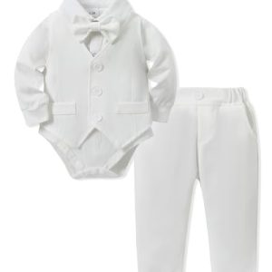 Amissz Baby Junge Anzug Taufe, Neugeborenen Taufanzug Hochzeitsoutfit Partei Babykleidung Strampler + Bowtie + Vest + Pants Set Weiß 6-12 Monate
