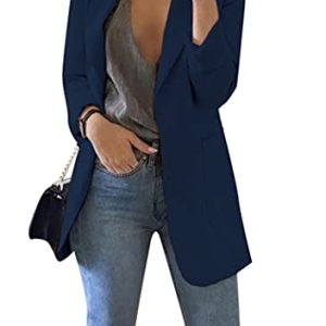OMZIN Damen Casual Office Open Front Blazer Jacke Solid Langarm Blazer Mit Taschen Revers Arbeit Blazer Marineblau XL