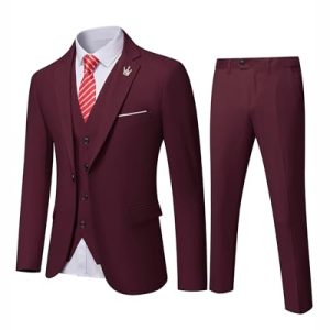 MYS Herren 3-teiliges Slim Fit Anzug-Set, Ein-Knopf, solide Jacke, Weste, Hose mit Krawatte, Naturweiß, Burgunder, XS