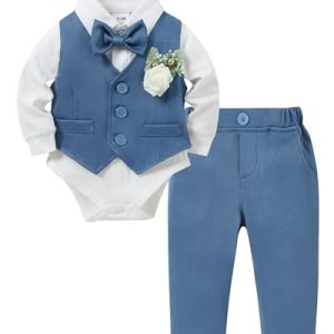 ZOEREA Baby Jungen Gentleman Anzug, Kleinkind Hochzeit Taufe Festliche Langarm Strampler Hemd + Fliege + Weste + Korsage + Hosenträge Blau, 3-6 Monate