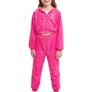 LOLANTA Kinder Pailletten Hip Hop Tanz Kostüm Street Dancewear Jacke Hose Set, Rosenrot, 8-9 Jahre, 140