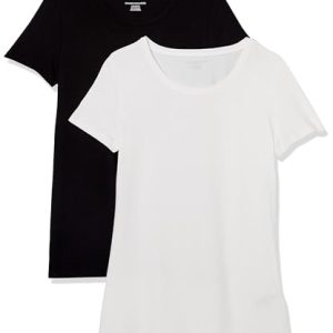 Amazon Essentials Damen Kurzärmeliges T-Shirt mit Rundhalsausschnitt, Klassischer Schnitt, 2er-Pack, Schwarz/Weiß, L