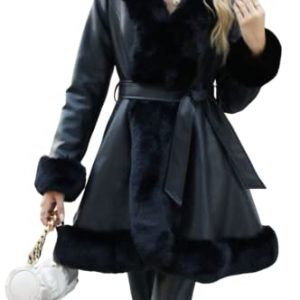 Giolshon Damen Faux Leder Pelz gefütterte Jacke mit Kapuze Verdicken Sie den Langen Parka Mantel mit Gürtel 242 Schwarz L