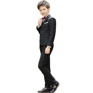 Anzug Kinder Jungen Einschulung Kleidung Set Gentleman Smoking Jacke Sakkos + Weiße Hemd + Hose + Fliege 4tlg Outfit Hochzeit Festliche Anzüge Geburtstagsparty Taufkleidung Schwarz 9-10 Jahre