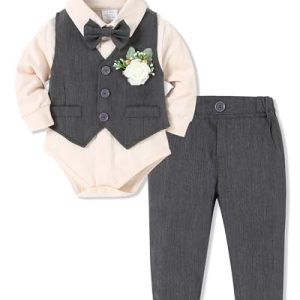 SOLOYEE Baby Jungen Taufbekleidung Anzug 0-18 Monate, Baby Festliche Hochzeit Anzüge Neugeborenen Strampler+ Hosen + Weste + Fliege + Korsage (Grau, 3-6 Monate)