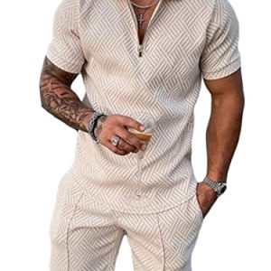 Osheoiso 2 Teiliges T-Shirt und Hosen Sets Herren Shirt Shorts Jogginganzug Casual Freizeitanzug Outfit Sweathose Kurze für Herren Polo Hemd Kurze Hose Lässige Shorts A Khaki S