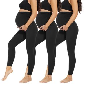 AMIYOYO Damen Umstandsleggings High Waist Schwangerschaftsleggings Blickdicht Umstandshose Freizeithose Stretch Umstandsmode für Schwangere Lang(Schwarz*3,L)