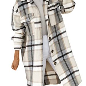 EFOFEI Damen Winter Warme Jacke Langer Karierter Mantel Button Up Pocket Shirt Winter Lange Jacke Tartan Wintermantel Apricot S