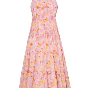 Mädchen Ballkleid Kleider Hochzeit Neckholder Kleid A-Linie Blumen Kleid Prinzessin Festlich Hochzeit Kinder Kleid Casual Party Kleider 7 Jahre Gelbe-Rosa Blumen CL2989S24-07