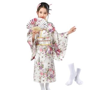 KRUIHAN Japanische Kimono Kinder,Japanische Stil Sakura Yukata Kleid für Mädchen,Kinder Seidig Satin Kimono Robe,Mädchen Cosplay Kostüme Party Kleid,Mit Falten Fan und Tabi Socken,Stil A,Weiß,140