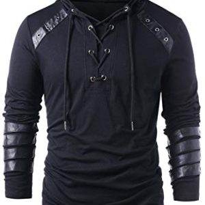 helymore Herren Kordelzug mit Kapuze, Steampunk, Gothic, Sweatshirt, Langarm, für Ritter, mittelalterlicher Pullover, Rüstung, Bandage, Leder, Schwarz, Schwarz , Medium