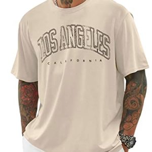 Minetom Herren T-Shirt Oversized Rundhals Kurzarm Lose Sommer Oberteile Mode Tshirt mit Los Angeles Grafik Kreativen Buchstaben Vintage Drucken Streetwear Sport Casual Lang Tops A Aprikose L z