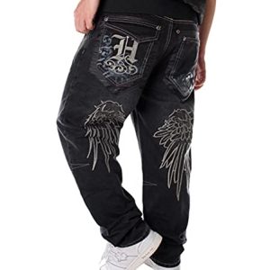 ORANDESIGNE Herren Hip Hop Baggy Jeans Vintage Graffiti Drucken Stickerei Denim Jeanshose Hip Hop Straßentanz Hosen Loose Fit Teenager Jungen Skateboard Hose Cargohosen H Schwarz M