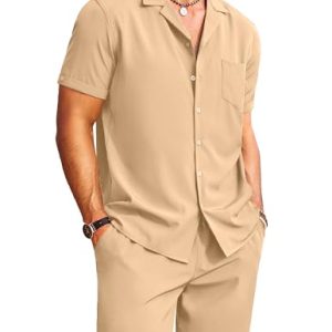 COOFANDY Leinenhemd Herren Sommer Hemd und Hose Freizeit Hawaii Sets Lässiges Sommerhemd Shirt Shorts Sommer Outfit