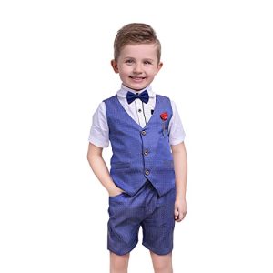 Nwada 4tlg Baby Jungen Bekleidungssets Top+Hose+Fliege+Hosenträger Taufbekleidung Sommer Gentleman Smoking Anzug für Festlich Taufe 6-7 Jahre