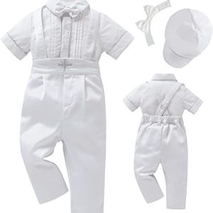 Booulfi Baby Jungen Taufkleidung Baumwollstoff Taufanzug 4 Teiliges Weiß Mit Fliege Oberhemd Hut Unterhosen Hose, 3-6 M