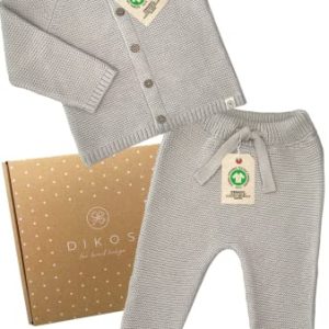 DIKOS Strick-Set aus Strickjacke und Hose - warmes grau - GOTS 100% Bio Baumwolle Junge Mädchen Baby - Babykleidung Neugeborenen Pullover Geschenk Geburt Erstausstattung (68)